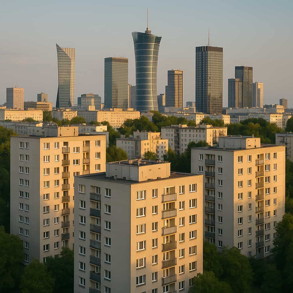 Obraz przedstawia bloki na Targówku w któych można przeprowadzić montaż klimatyzacji w Warszawie.