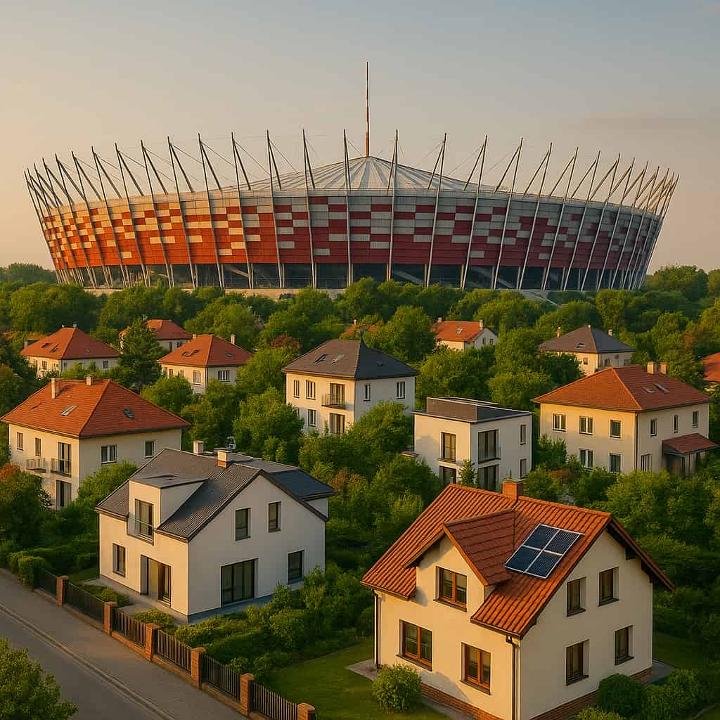 Obrazek pokazuje Domy na Pradze Południe w Warszawie, zainteersowane montażem klimatyzacji. W tle Stadion Narodowy w Warszawie