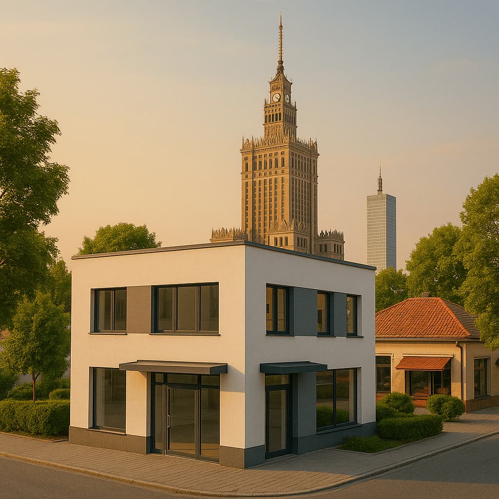 Obrazek pokazuje lokal usługowy na Śródmieściu idealny do montażu klimatyzacji na tle Pałacu kultury w Warszawie.